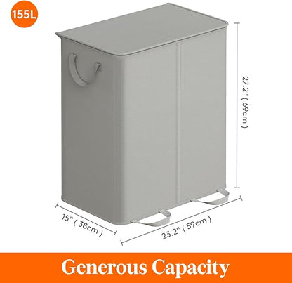 Lifewit Double Laundry Hamper with Lid and Removable Laundry Bags, Large Collapsible 2 Dividers Dirty Clothes Basket with Handles for Bedroom Laundry Room Closet Bathroom College, 155L Silver Gray