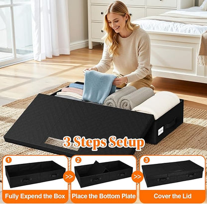 StoreHappily Under Bed Storage Containers with Lids - 2 Pack, Foldable and Stackable Clothes Storage Bags with Clear Window, 3-Sided Handles and Label Slot for Clothing, Blankets, Pillows (Black)