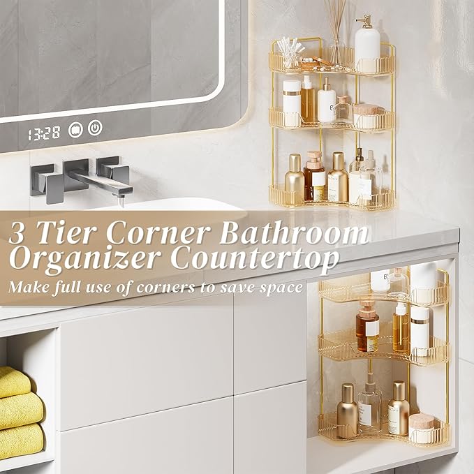 3-Tier Corner Bathroom Counter Organizer, Plastic Bathroom Organizer Countertop, Makeup Organizer for Vanity Perfume Tray Holder for Corner Storage, Amber