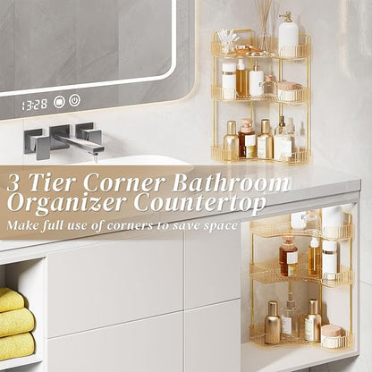 3-Tier Corner Bathroom Counter Organizer, Plastic Bathroom Organizer Countertop, Makeup Organizer for Vanity Perfume Tray Holder for Corner Storage, Amber