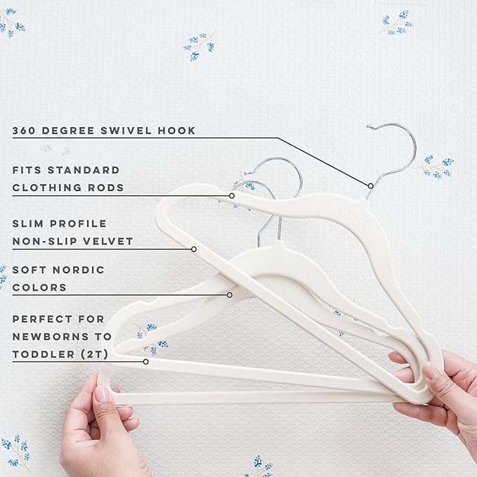 3 Sprouts Velvet Baby Hangers - Non-Slip Hangers for Infant and Toddler Clothes - Slim Space-Saving Design with Nordic Colors for Nursery - 30 Pack - Beige