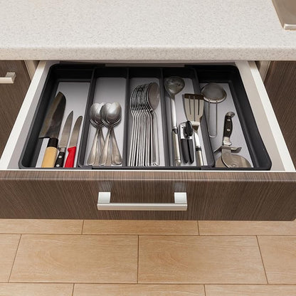 Silverware Drawer Organizer, Expandable Large Drawer Organizer, BPA Free Flatware and Cutlery Tray, Adjustable Storage with Anti-Slip Linner inside for Spoons Forks Knives with 2 Knife Guards, Grey