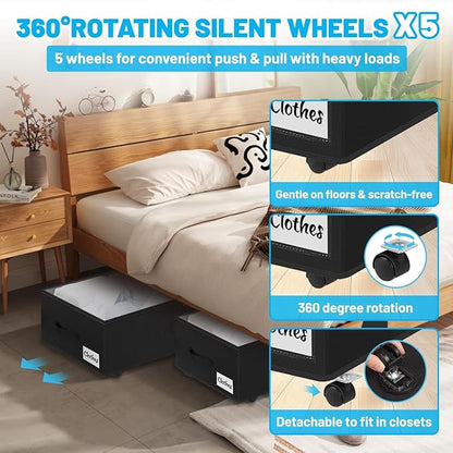 Under Bed Storage with Wheels, 2-Pack 10" Height XXL 75L Rolling Storage Bins, Quick Assembly Underbed Shoe Storage Containers with Clear Lid & Label, Dorm Under Bed Drawers for Clothes, Shoes, Black