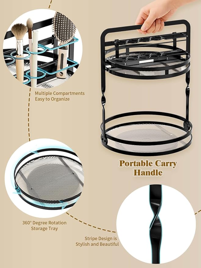 Rotating Makeup Vanity Organizer, 360 Spinning Perfume Organizer for Dresser, 2 Tier Bathroom Countertop Organizer, Black Lazy Susan Skincare Storage, Cosmetic Display Case with Brush Holder