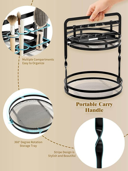 Rotating Makeup Vanity Organizer, 360 Spinning Perfume Organizer for Dresser, 2 Tier Bathroom Countertop Organizer, Black Lazy Susan Skincare Storage, Cosmetic Display Case with Brush Holder