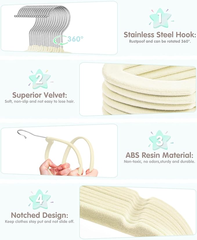 VIS'V Baby Hangers, 11 Inch Velvet Kids Hangers with 6 Pcs Clothes Size Dividers, Infant Toddler Nursery Closet Organization, Non Slip, Beige, 30 Pcs