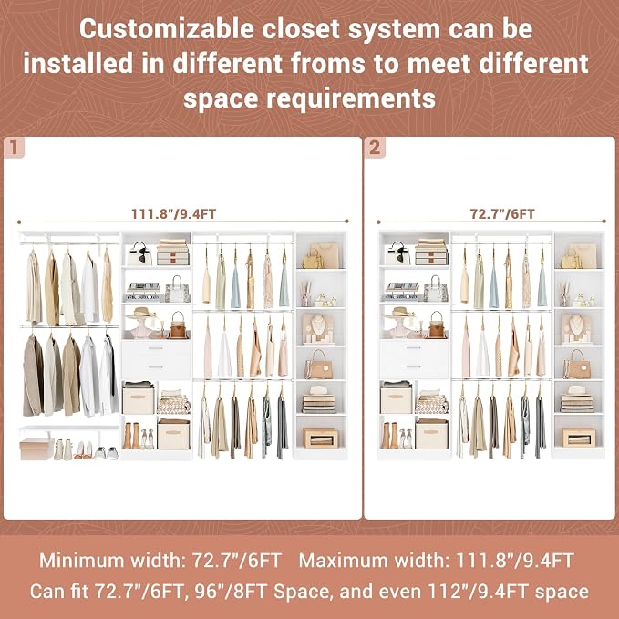 Besiost Closet System - 9.4FT/112" Closet Organizer System with Wooden Drawers,Closet Systems for Walk-In Closets with Hang Rods and Open Cabinet