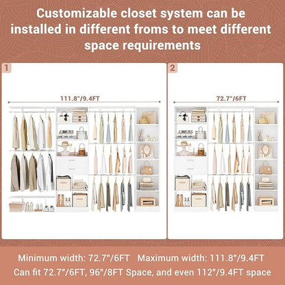 Besiost Closet System - 9.4FT/112" Closet Organizer System with Wooden Drawers,Closet Systems for Walk-In Closets with Hang Rods and Open Cabinet
