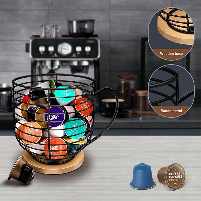 BYTEAIDREX Coffee Pod Holders for Counter - K Cup Holders for Counter - Coffee Pods Storage Organizer - Bar Accessories - Large Capacity Black Wire Kup Storage with Wooden Base.