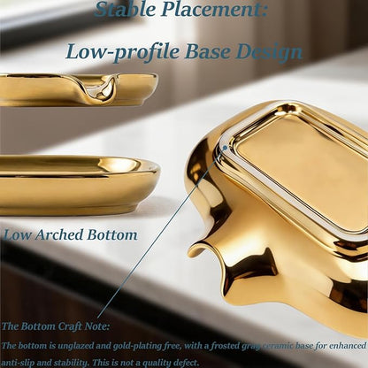 Gold-Plated Ceramic Soap Dish, Self-Draining Bar Soap Holder with U-Shaped Drainage, Decorative Soap Tray for Bathroom Shower & Kitchen Sink