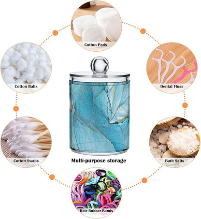 4 Pack Qtip Holder Dispenser Blue Marble Liquid Watercolor Cotton Ball Swab Round Pads Floss Clear Bathroom Storage Containers Plastic Apothecary Jars with Lids