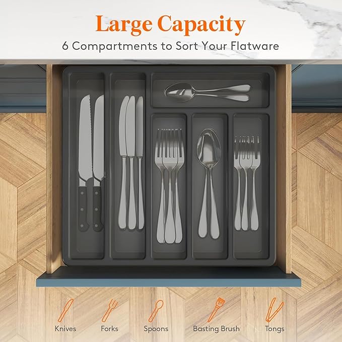 Organizer with Lid, 6 Compartments Covered Utensil Tray for Kitchen Drawer and Countertop, Plastic Cutlery and Flatware Storage Box for Spoons Forks Knives Holder Case, Grey