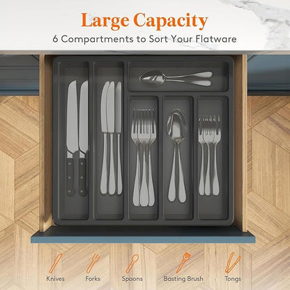 Organizer with Lid, 6 Compartments Covered Utensil Tray for Kitchen Drawer and Countertop, Plastic Cutlery and Flatware Storage Box for Spoons Forks Knives Holder Case, Grey