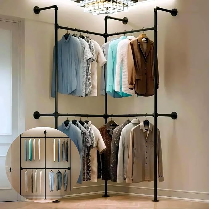 Industrial Pipe Clothing Racks Wall Mounted, Rustic Black Industrial Pipe Clothes Rack Design - Stylish & Heavy Duty Corner Garment Racks, Perfect for Home or Retail Display
