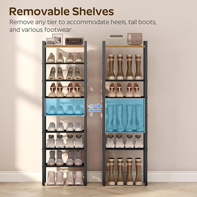 YATINEY 8-Tier Narrow Shoe Rack, Tall Shoe Rack for 8-16 Pairs, Slim Shoe Storage Organizer with Wooden Top, Space Saving, Metal Frame, for Entryway, Rustic Brown and Black SS608BR