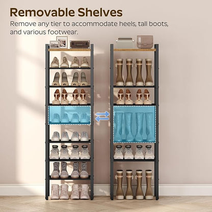 YATINEY 8-Tier Narrow Shoe Rack, Tall Shoe Rack for 8-16 Pairs, Slim Shoe Storage Organizer with Wooden Top, Space Saving, Metal Frame, for Entryway, Rustic Brown and Black SS608BR