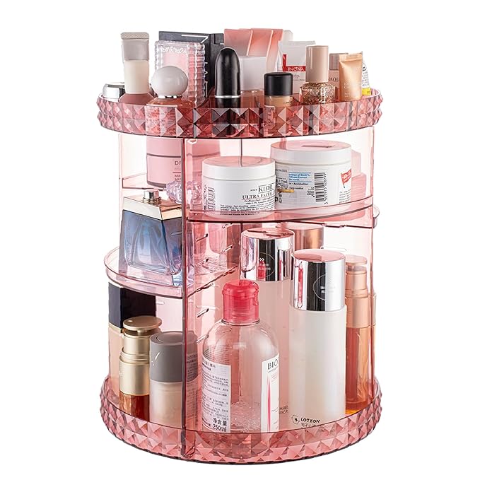 V-HANVER 360 Rotating Makeup Organizer Perfume Organizer Pink Cosmetic Storage Display Case Large Capacity Acrylic Beauty Holder Adjustable Partition Height for Bedroom Dresser or Bathroom Vanity