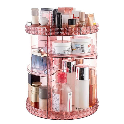 V-HANVER 360 Rotating Makeup Organizer Perfume Organizer Pink Cosmetic Storage Display Case Large Capacity Acrylic Beauty Holder Adjustable Partition Height for Bedroom Dresser or Bathroom Vanity