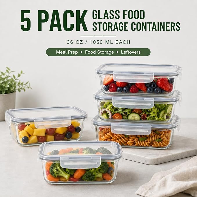 5 Pack 36oz Borosilicate Glass Food Storage Containers Set with Lids, Freezer Meal Prep Containers, Airtight Bento Lunch Container Set, Oven, Freezer and Dishwasher Safe, BPA Free, Kitchen Storage Set