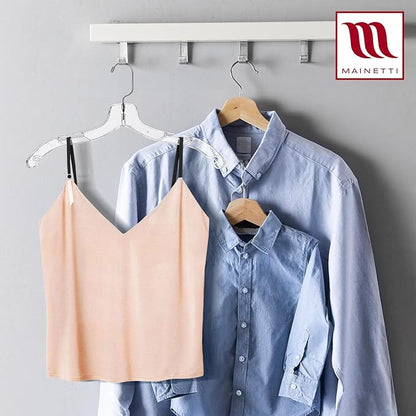 Mainetti Clear Plastic Clothes Hangers 100 Pack | 17-Inch Space Saving Hangers with 360 Swivel Metal Hook & Notches for Straps | Closet Hangers Ideal for Shirts, Tops, Dresses and Jackets (5400SCR)