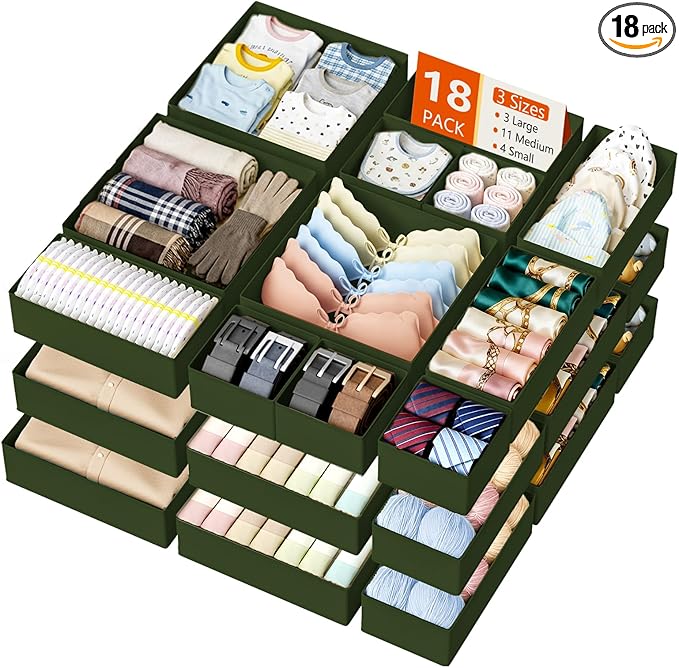 DIMJ Drawer Organizer Clothes - 18 Pack Closet Drawer Organizer Bins for Baby Clothes Storage, Fabric Dresser Organizer for Nursery Bedroom, Foldable Small Drawer Dividers for Underwear Socks