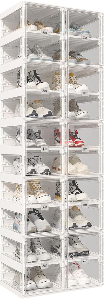 ANTBOX Collapsible Shoe Boxes Clear Plastic Stackable, Quick Setup Drop Front Shoe Organizer, Display Storage Cabinet for Sneakers10 Tiers 20 Pairs