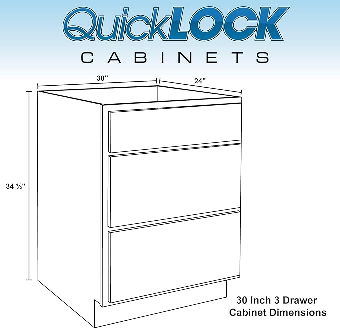 Quicklock RTA (Ready-to-Assemble) | Base Kitchen Cabinets - Shaker Style | Made in America (Raw Maple, 30" W x 34.5" H x 24" D 3 Drawer Pots and Pans)