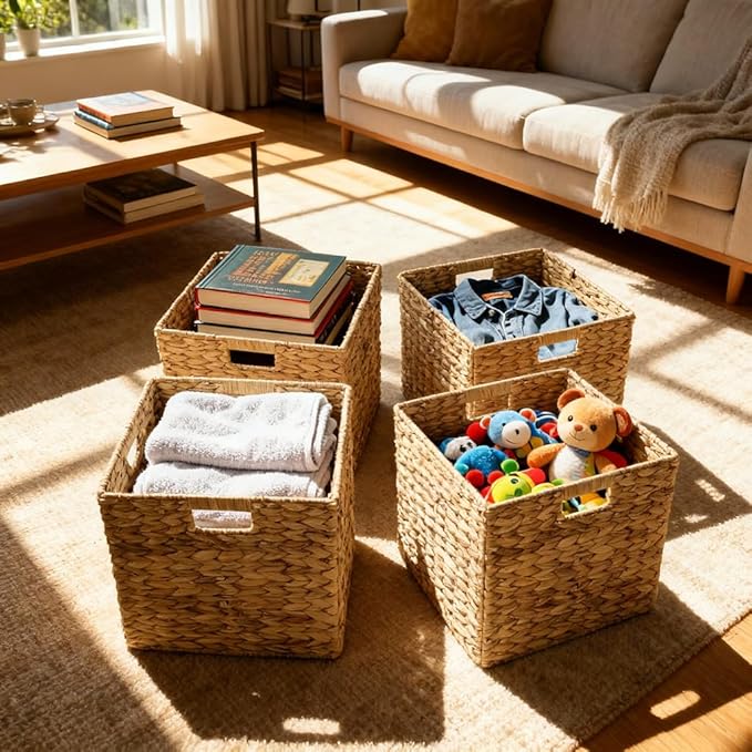 12x12in Storage Baskets,Set of 4 Water Hyacinth Baskets,Wicker Cube Baskets Laundry Organizer,Foldable Handwoven Storage Cubes,for Cube Shelf,Collapsible Laundry Baskets Pantry,Living Room,Bedroom