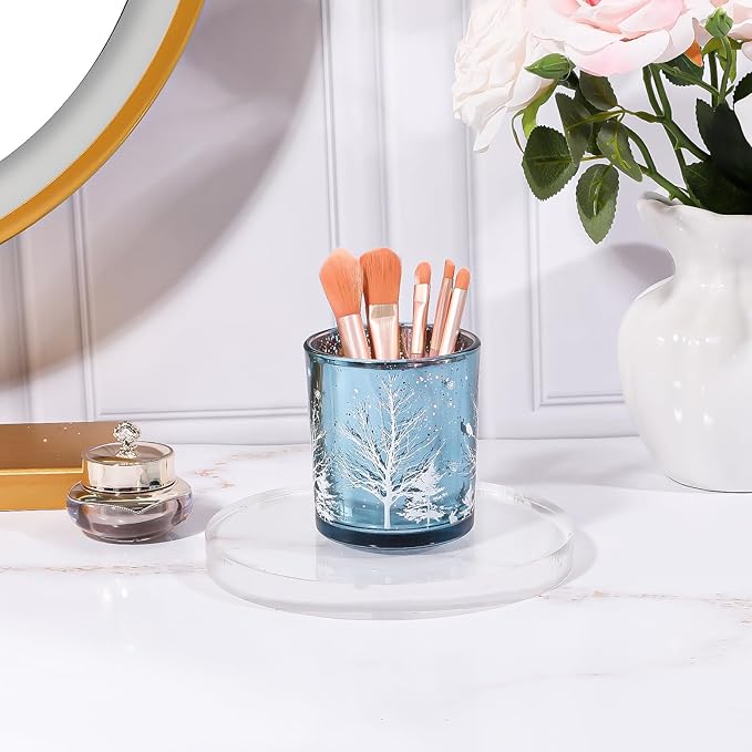 DASITON Makeup Brush Holder Organizer, Crystal Glass Cosmetic Makeup Brushes Storage Holder, Christmas Tree Make Up Brush Cup for Vanity Décor, Small Pen Holders for Desk, Toothbrush Holders (Blue)