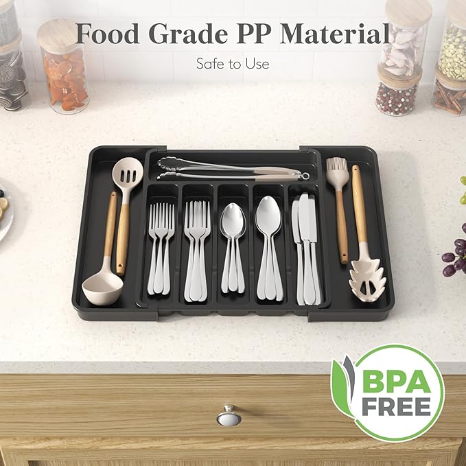 Lifewit Expandable Silverware Drawer Organizer for Kitchen, Adjustable Utensil Tray, BPA Free Plastic Flatware and Cutlery Holder for Spoons Forks Knives, 12.2"-18.9" x 13.8", Black