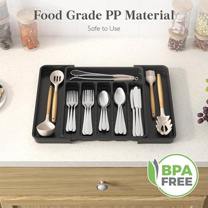 Lifewit Expandable Silverware Drawer Organizer for Kitchen, Adjustable Utensil Tray, BPA Free Plastic Flatware and Cutlery Holder for Spoons Forks Knives, 12.2"-18.9" x 13.8", Black
