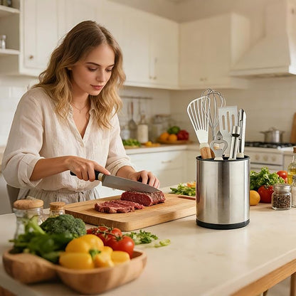 kitchen Utensil Holder Counter, DV Stainless Steel Rotating Cooking Spatula Utensils Holder Caddy (3 Compartment, 360°Rotating)