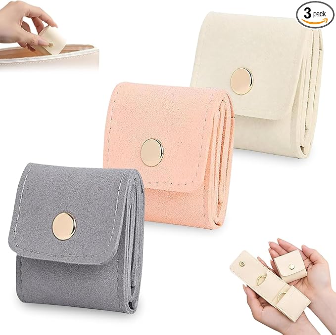 3Pcs Mini Travel Jewelry Bag Foldable Multifunctional Mini Travel Jewelry Roll Bag with Buckle Small Jewelry Box for Earrings, Rings, Necklaces