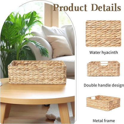 YAHUAN Water Hyacinth Storage Baskets for Organizing Drawer Basket With Handle Square Shallow Basket Wicker Baskets for Shelf (Original)