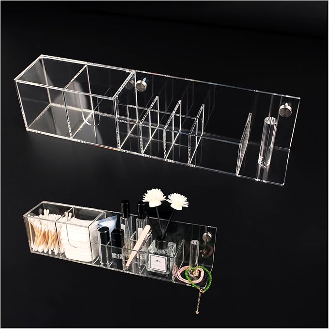Wall-Mountable Arylic Makeup Organizer for Bathroom Countertop Organizer with 9 Slots for Small Items Clear Bathroom Storage Accessories 1 Pack with Decorative Screws