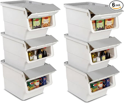 Giantex Plastic Stackable Storage Bins with Lids & Wheels, 6 Pack Open Front Stacking Bins, Organizer Bins for Pantry, Kitchen, Laundry, Closet, Playroom, Bedroom Organization （12.5 QT）