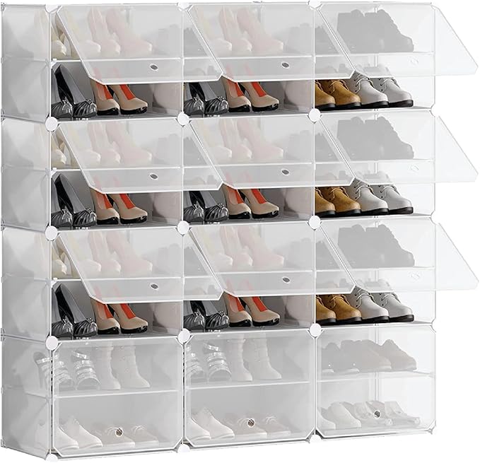 Patented Shoe Racks Organizers Shelves, Floor-Standing, Wall Hanging, Sturdy and extendable. Easy DIY Assembly, for Door Entrance, Closet, and Workplace (3x8Grid, Translucent)
