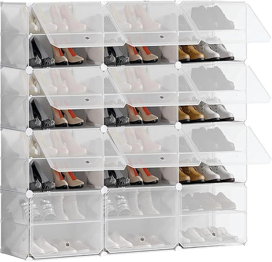 Patented Shoe Racks Organizers Shelves, Floor-Standing, Wall Hanging, Sturdy and extendable. Easy DIY Assembly, for Door Entrance, Closet, and Workplace (3x8Grid, Translucent)