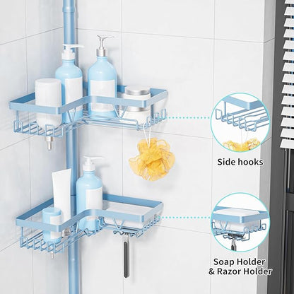 KEGII Shower Caddy Tension Pole, 4-Tier Rustproof Adjustable Corner Bathroom Organizer for Renters, 25–114.2 Inch No Drill Space-Saving Shower Storage Rack, Blue