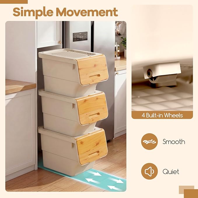 Giantex Plastic Stackable Storage Bins with Lids & Wheels, 6 Pack Open Front Stacking Bins, Organizer Bins for Pantry, Kitchen, Laundry, Closet, Playroom, Bedroom Organization (35 QT)