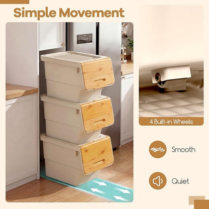 Giantex Plastic Stackable Storage Bins with Lids & Wheels, 3 Pack Open Front Stacking Bins, Organizer Bins for Pantry, Kitchen, Laundry, Closet, Playroom, Bedroom Organization (35 QT)