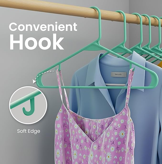 Utopia Home Plastic Hangers 50 Pack - Space Saving Clothes Hanger - Durable & Strong Closet Organizers and Storage with Built-in Strap Hooks - Essential for Shirts, Pants, Skirts & Coats (Aqua)