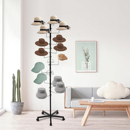 Hat Rack with 16 Circular Hooks, Metal Hat Display Stand, Freestanding Rotating Hat Stand, Adjustable Large Hats Display Rack, Modern Floor Wig Rack for Home Retail Store (Black)