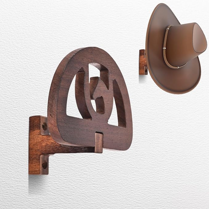 Rustic Wood Wall Mounted Cowboy Hat Rack, Brown Western Horse Design,