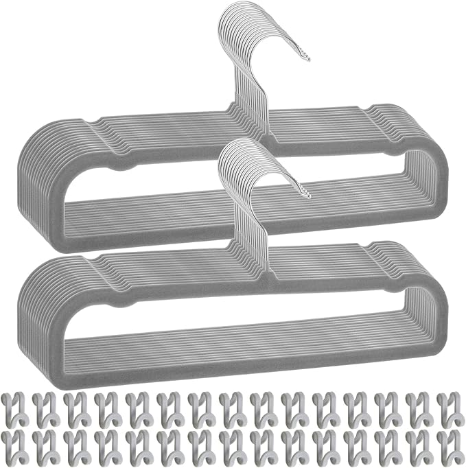 Pants Hangers Space Saving, 30 Pack Velvet Hangers for Closet with 30 Hooks, Strong Durable Non Slip Slim Clothes Hanger, Ultra Soft Flocked Hanger for Pants, Shirts, Bra, Shorts (Grey)