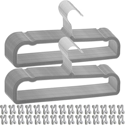 Pants Hangers Space Saving, 30 Pack Velvet Hangers for Closet with 30 Hooks, Strong Durable Non Slip Slim Clothes Hanger, Ultra Soft Flocked Hanger for Pants, Shirts, Bra, Shorts (Grey)