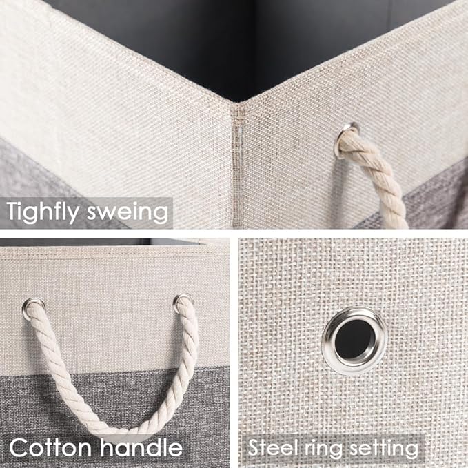 PRANDOM Large Foldable Cube Storage Bins 13x13 inch [4-Pack] Fabric Linen Storage Baskets Cubes Drawer with Cotton Handles Organizer for Shelves Nursery Closet Bedroom White and Grey