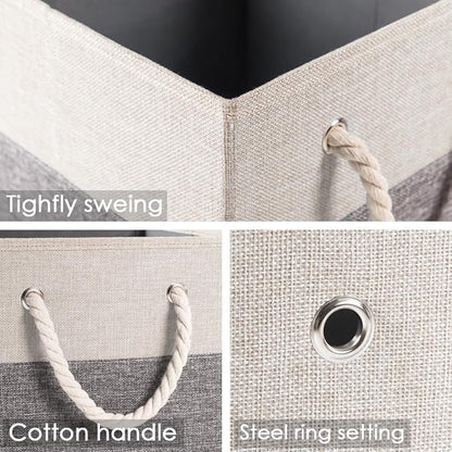 PRANDOM Large Foldable Cube Storage Bins 13x13 inch [4-Pack] Fabric Linen Storage Baskets Cubes Drawer with Cotton Handles Organizer for Shelves Nursery Closet Bedroom White and Grey
