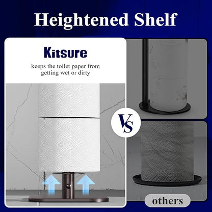 Kitsure Toilet Paper Holder Free Standing – Rustproof Metal Toilet Paper Stand for 4 Rolls with Anti-Slip Base and Shelf for Phone & Small Items, Bathroom Organizers and Storage, Medium, Brown