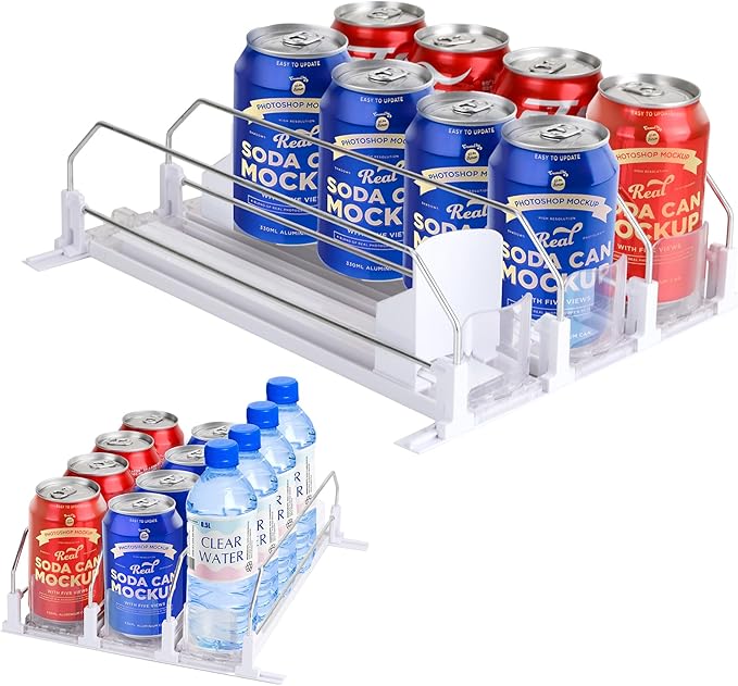 Drink Organizer for Fridge, Upgrade self locking push buttonfor Soda Can Dispenser for Refrigerator, Automatic Pusher Glide and Adjustable Width Can Fridge Organizer Hold up to 12 Cans 3 Rows